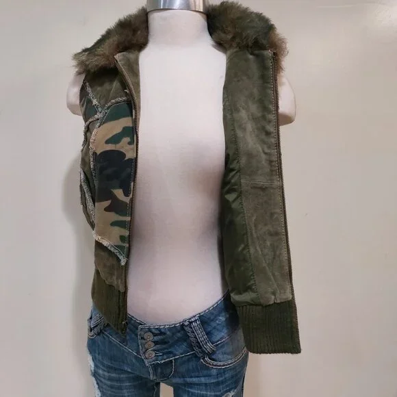 💋BOHO CHIC💋 Stunning Y2K VTG Camo Distressed Genuine Leather Vest - Picture 10 of 16